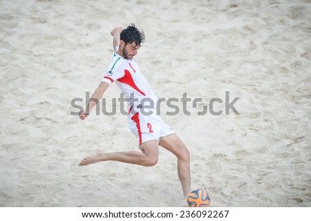 PHUKET THAI-NOV19:Amir Hosein Akbari Fartkhouni of Iran in action during the Beach Soccer match between Iran and Thailand the 2014 Asian Beach Games at Saphan Hin on November19,2014 in Thailand