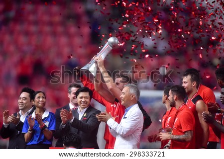 BANGKOK THAI JULY 14:Liverpool team celebrate with the true Super Trophy replica after international friendly match Thai All Stars and Liverpool FC at Rajamangala Stadium on July 14,2015 in,Thailand