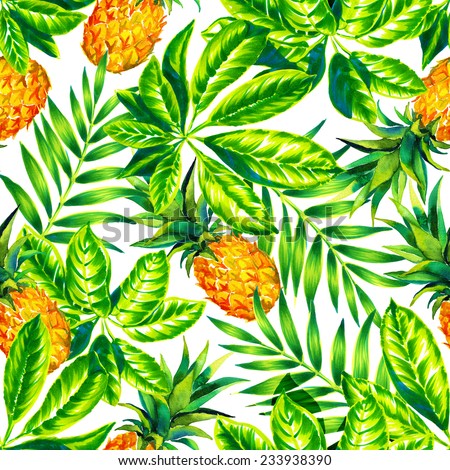 seamless vibrant tropical pattern, healthy, young and summer. exotic leaves with pineapples on white background. painted foliage: schefflera, palm, pineapple in watercolor and markers.
