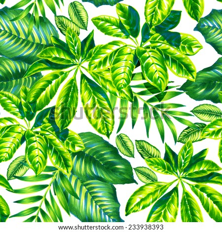 seamless happy tropical foliage pattern: schefflera, palm, calathea leaves on white background, no flowers.