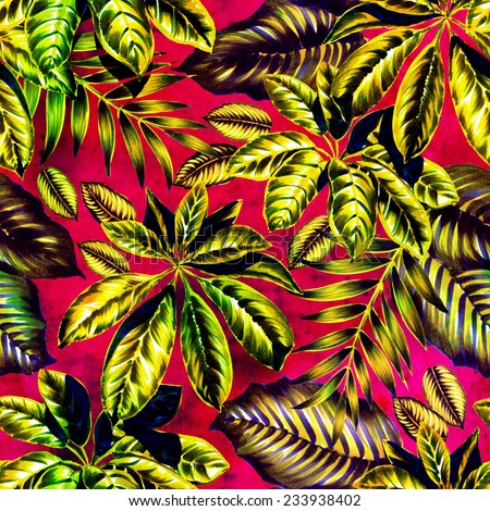 seamless dark tropical pattern. exotic foliage leaves with high contrast and vintage style. painted foliage: schefflera, palm, pineapple in watercolor and markers.