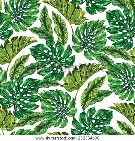 vector seamless tropical leaves pattern. strong greens leaves of exotic monstera plant. retro style illustration.