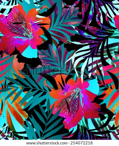 seamless abstract tropical floral pattern. double exposure effect with silhouettes and fragments of floral drawings. strong midnight jungle colors.