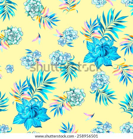 seamless floral pattern. elegant flowers in pastel colors floating in a spacious layout. very elegant watercolor drawings.