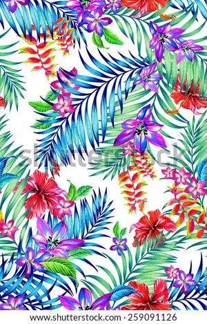 seamless colorful tropical pattern. Exotic flowers: hibiscus, heliconia, orchid, adenium, lily and tropical palm leaves in a beautiful allover design for fashion, on white background.