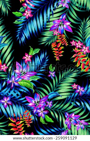 seamless floral tropical print. Midnight exotic flowers and plants in a dramatic composition. for fashion or interior.
