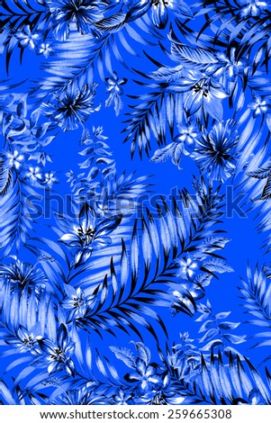 seamless floral pattern in shades of delft blue, with tropical flowers and exotic leaves.