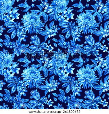 seamless Victorian floral pattern with garden and tropical flowers in blue tones.