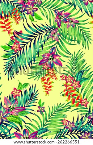 seamless colorful tropical pattern. Exotic flowers: hibiscus, heliconia, orchid, adenium, lily and tropical palm leaves in a beautiful allover design for fashion.