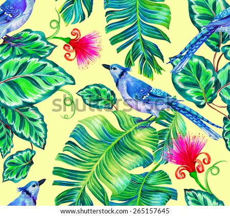 seamless tropical print with birds. jaybird with palms and exotic flowers. allover design on yellow background.