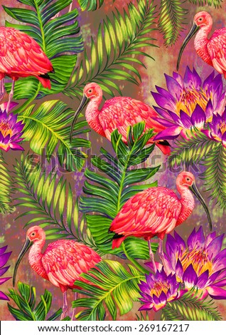 seamless tropical pattern with birds and flowers. exotic palms and scarlet ibis in a beautiful vintage style design for fashion or interior