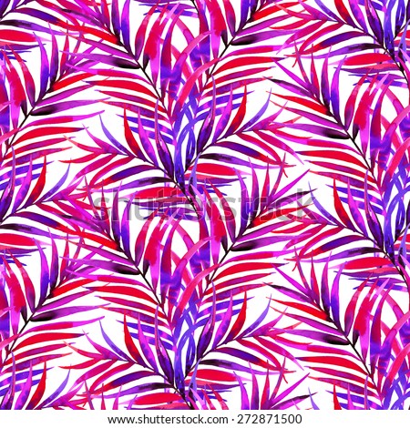seamless tropical palm pattern. vertical direction, growing trees. suitable for interior, wallpaper, fashion. colorful watercolor leaves. vibrant pinks and purples on white.