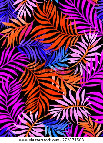 seamless tropical palm leaves pattern. exotic summer floral with graphic silhouettes and vibrant colors.  large palm leaves overlapping. watercolor illustration.