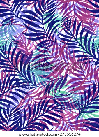 seamless tropical palm leaves pattern. exotic summer floral with graphic silhouettes and vibrant colors. \
large palm leaves overlapping. watercolor illustration.