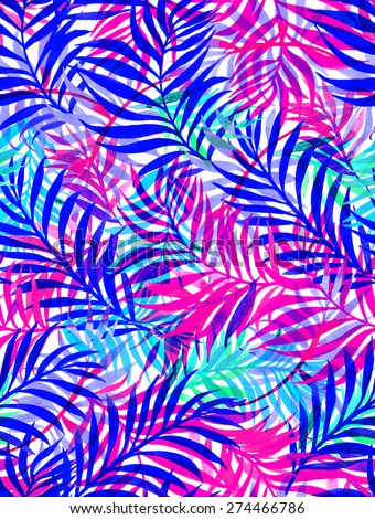 seamless tropical palm leaves pattern. exotic summer floral with graphic silhouettes and vibrant colors.  large palm leaves overlapping. watercolor illustration.