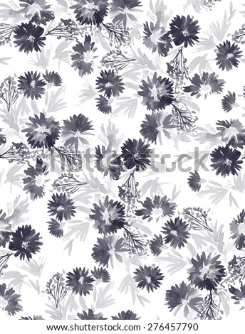 seamless daisies pattern, black and white ditsy flowers pattern. watercolor daisies, simple and classic.
