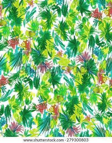 seamless botanical design. jungle plants in allover pattern. intense artistic style, with palms and exotic flowers.