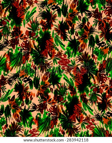 seamless botanical design. jungle plants in allover pattern. intense artistic style, with palms and exotic flowers.