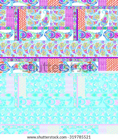 seamless bohemian paisley pattern, with patches. Different textures of ornaments, flowers, lace, macrame, paisleys in a beautiful ethnic textile composition. colorful trendy for fashion, interior.