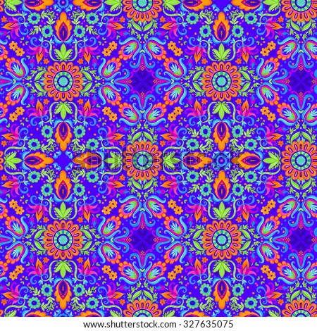 seamless folk tiled pattern. very colorful bohemian style design, for fashion, interior, stationery. ethnic flowers and ornaments, decorative composition, modern and trendy pattern.