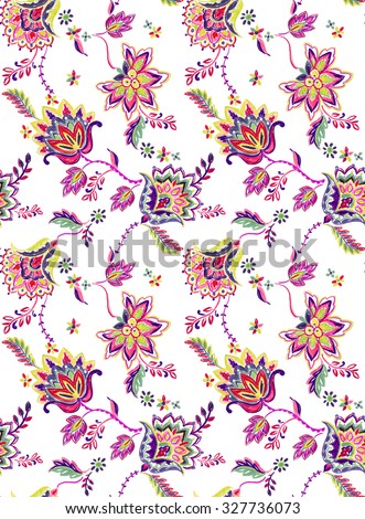 seamless bohemian pattern. Ethnic flowers, folk elements, vibrant textured pencil illustration on white background. Artistic design for fashion or interior, trendy, colorful.