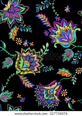 seamless bohemian pattern. Ethnic flowers, folk elements, vibrant textured pencil illustration on dark background. Artistic design for fashion or interior, trendy, colorful.
