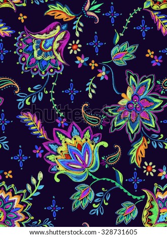 seamless bohemian pattern. Ethnic flowers, folk elements, vibrant textured pencil illustration on dark background. Artistic design for fashion or interior, trendy, colorful.