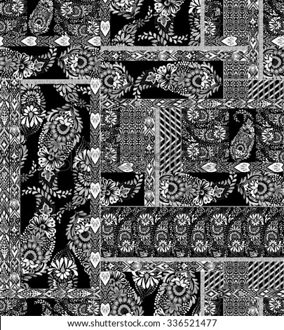 seamless bohemian paisley pattern, patches. Textures & ornaments, flowers, lace, macrame, paisleys in a beautiful ethnic textile composition.Black & white, monochrome, for fashion, interior.