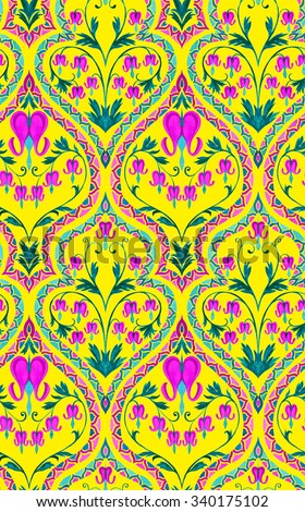 seamless art nouveau wallpaper pattern. Ornaments, borders and bleeding heart flowers in a gentle elegant colorful layout, with very detailed, hand drawn, vintage illustrations.