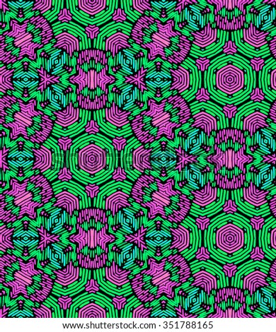 seamless psychedelic  kaleidoscopic pattern. intense neon colors in a complex geometric structure, made of small stripes. mixture between ethnic and hippie style. textile design.