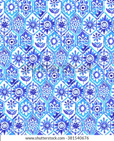 mosaic pattern in blue colors. trendy for fashion and swimwear, textile design. indigo frames with little ethnic folk motives. seamless design.