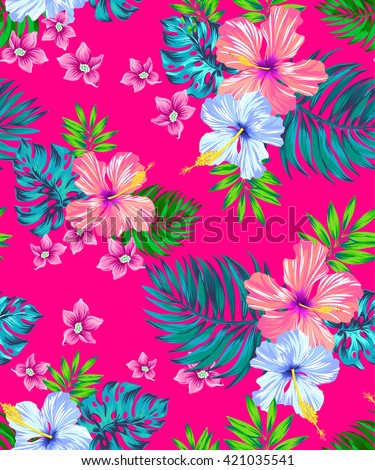 seamless vector tropical design with hibiscus, frangipani, monstera, palm leaf, palmetto. Exotic flowers and leaves in allover composition. colorful pattern for summer fashion, interior, wallpaper