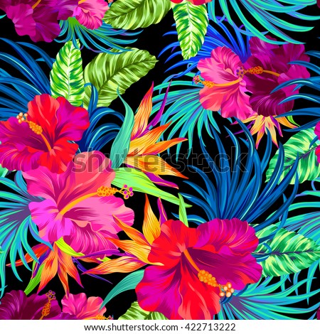 seamless vector pattern with hibiscus, palms, tropical flowers, leaves. art illustration, amazing details,  Busy allover layout with botanical flowers.  for fashion, swimwear, interior, stationery.