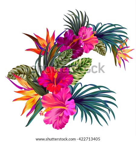 vector bouquet with tropical flowers. Retro Hawaiian style floral arrangement, with beautiful hibiscus, palm, bird of paradise. Amazing vector illustrations, vintage style. Editable graphic elements.