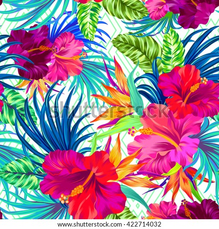 vector pattern with tropical flowers. Detailed colorful graphic botanical elements. Neon colors