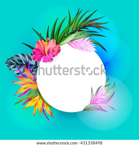 vector tropical wreath. amazing exotic flowers - hibiscus, pink quill, bird of paradise, banana, palm. amazing floral composition with glowing lights, beautiful tropical frame with a place for text.