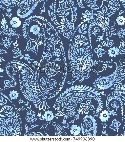 seamless paisley pattern with beautifully balanced composition.  Stamped classic paisley allover design. blue indigo Indian cucumber pattern.