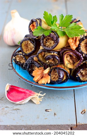 Eggplant rolls with walnut and garlic (Georgian cuisine)