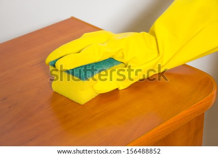 Female household, cleaning with rag and gloves.