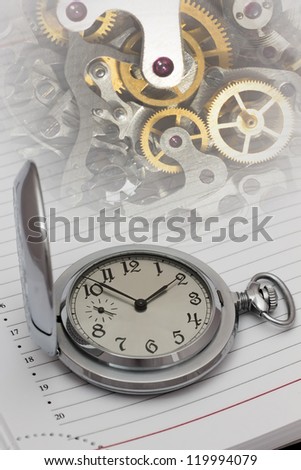 Old mechanical watch and details of the mechanism.