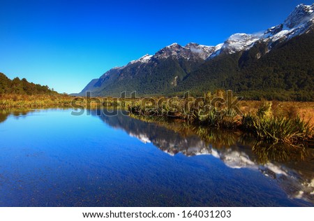 Mountain and reflection on the mirror lake, New Zealand