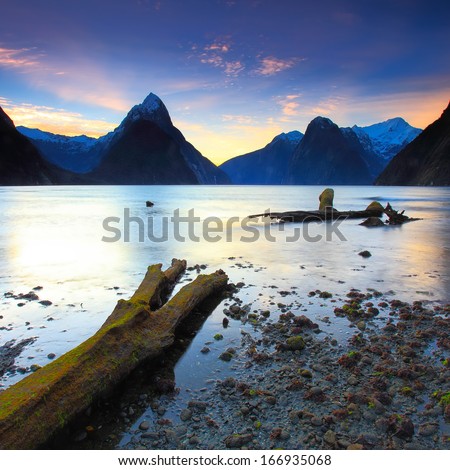 Beautiful sunset view at Milford Sound, New Zealand