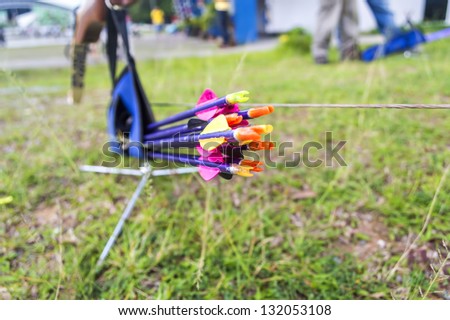 Arrows in a quiver with bow and bokeh background