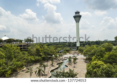 SEPANG, MALAYSIA - MAY 7: The view of KLIA (Kuala Lumpur International Airport ) tower with blue skies on May 7, 2013 in Sepang, Malaysia. It\'s 1st principal airport in Malaysia.