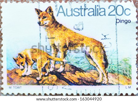 AUSTRALIA - CIRCA 1980: A stamp printed in Australia shows Australian Dingo Dog, circa 1980