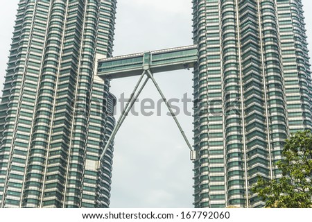 KUALA LUMPUR, MALAYSIA - 10 December 2013 - The double decker skybridge linking Tower 1 and Tower 2 of the Petronas Twin Towers. It is the highest 2-story bridge in the world