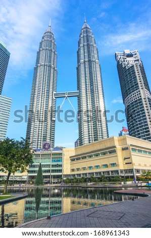 KUALA LUMPUR, MALAYSIA - DEC 16, 2013 - The reflection of double decker skybridge linking Tower 1 and Tower 2 of the Petronas Twin Towers. It is the highest 2-story bridge in the world