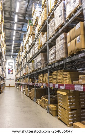 KUALA LUMPUR, MALAYSIA - JANUARY 25, 2015: Warehouse storage in an IKEA store. Founded in 1943, IKEA is the world\'s largest furniture retailer. IKEA operates 351 stores in 43 countries.