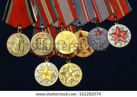 RUSSIAN FEDERATION - 2013: Medals on the parade uniform of the veteran of the Soviet Union Armed Forces. Medals commemorative, anniversary, For the Excellent Service, Veteran of the USSR Armed Forces.