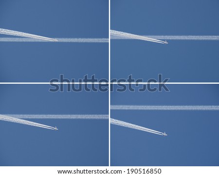 Crossing celestial highways: large vapor trails and a civil jet in the blue sky, a series of frames. Air lines over Voronezh